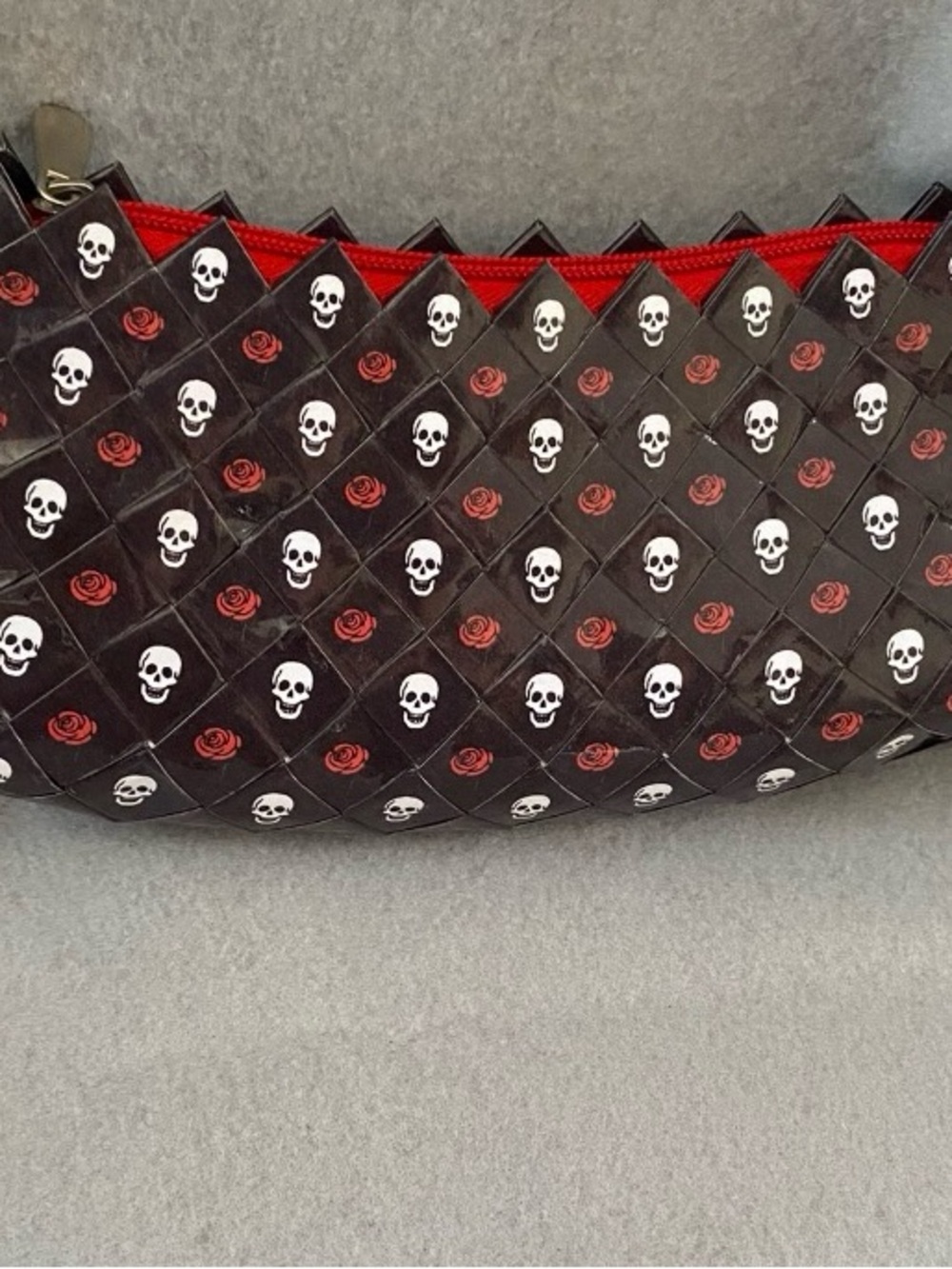 Rebagz  Black Wristlet with Red Rose and White Skull Print